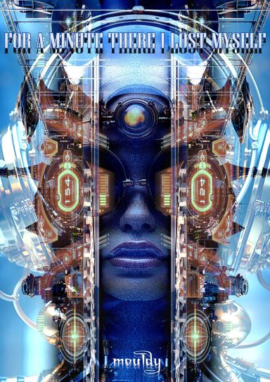 Futuristic robotic face with elaborate mechanical elements and blue tones.