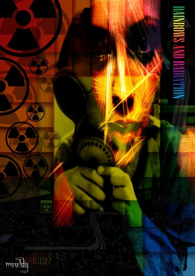 A vibrant, abstract portrait featuring a figure with a nuclear symbol background.