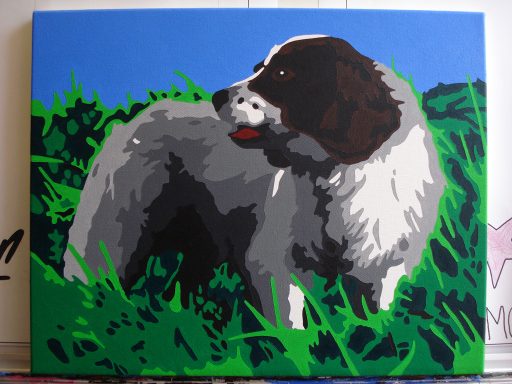 A painted spaniel dog in a grassy field with a blue sky background.