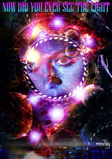 A surreal composition of a woman's face surrounded by vibrant lights and cosmic elements.