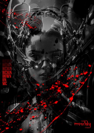 A woman with cybernetic enhancements amidst red splashes and dark background.