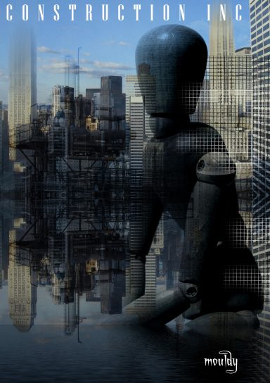 A humanoid figure sits in reflection against a city skyline backdrop.