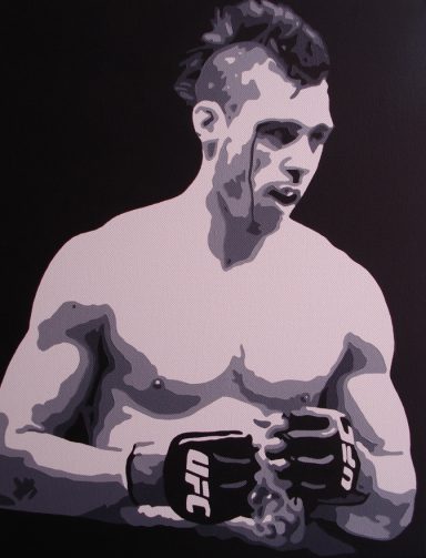 A black and white illustration of a muscular fighter with a mohawk, wearing UFC gloves.