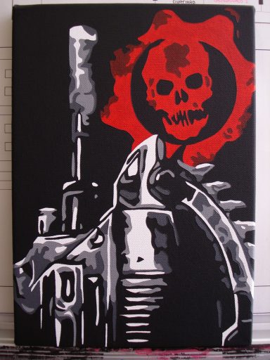 Black and white artwork featuring a gun and a red skull logo.