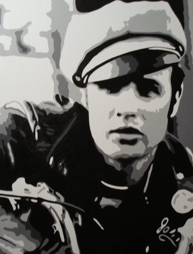 A black-and-white illustration of a man wearing a leather jacket and cap, looking intently.