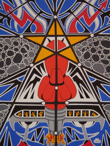 Red and yellow pentagram with a rocket and abstract patterns in blue and grey.