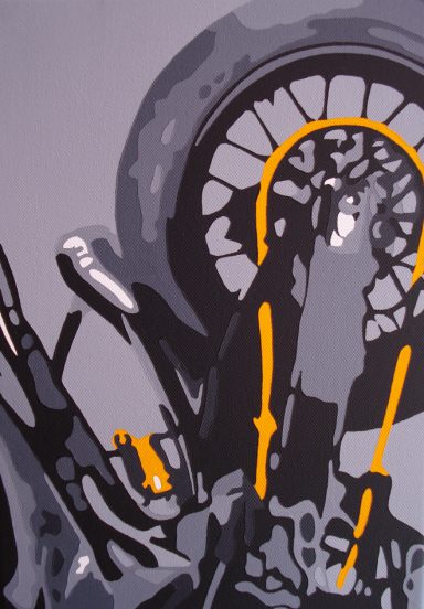 Abstract representation of a motorcycle with bold black and orange lines.