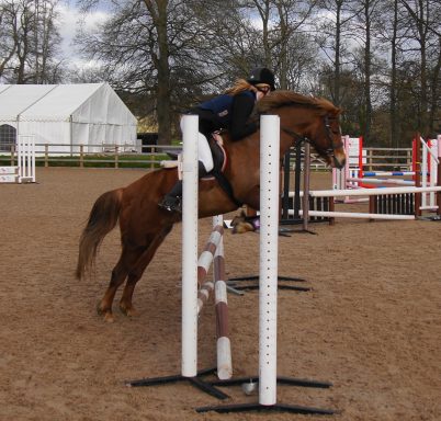 A rider on a chestnut horse jumping over a barrier at an equestrian event.